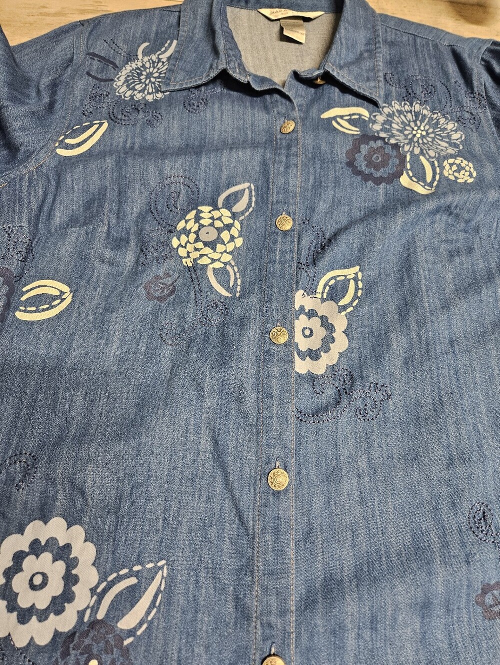 Napa Valley Blues 2X Plus Denim Floral Print Button Up Long Sleeve Shirt Boho - Picture 7 of 14